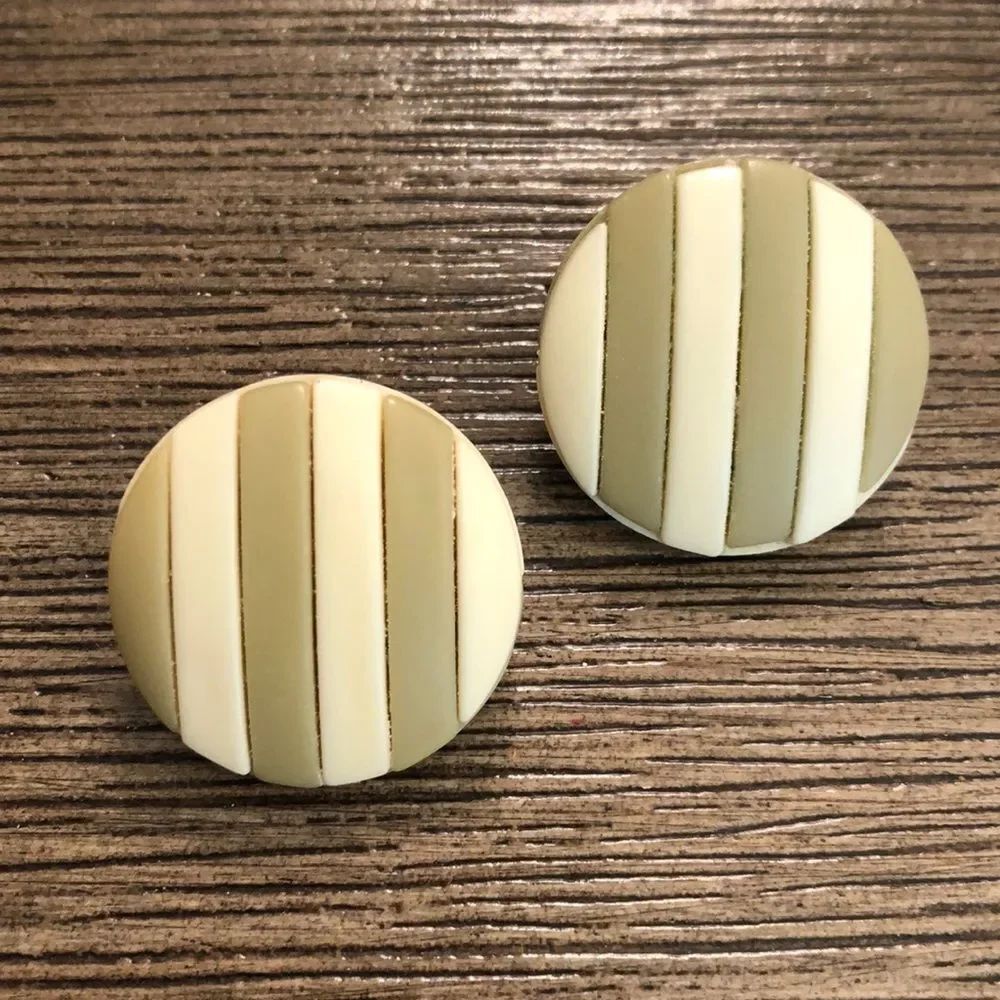Round Striped Olive & Ivory Button Earrings